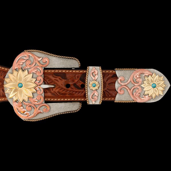 "Our Sunflower 3-Piece Buckle Set is built on a German Silver base, featuring hand-engraved Copper scrollwork and a Jeweler's Bronze sunflower accented with simulated turquoise stone on the head of the buckle, loop and tip. This buckle radiates Weste